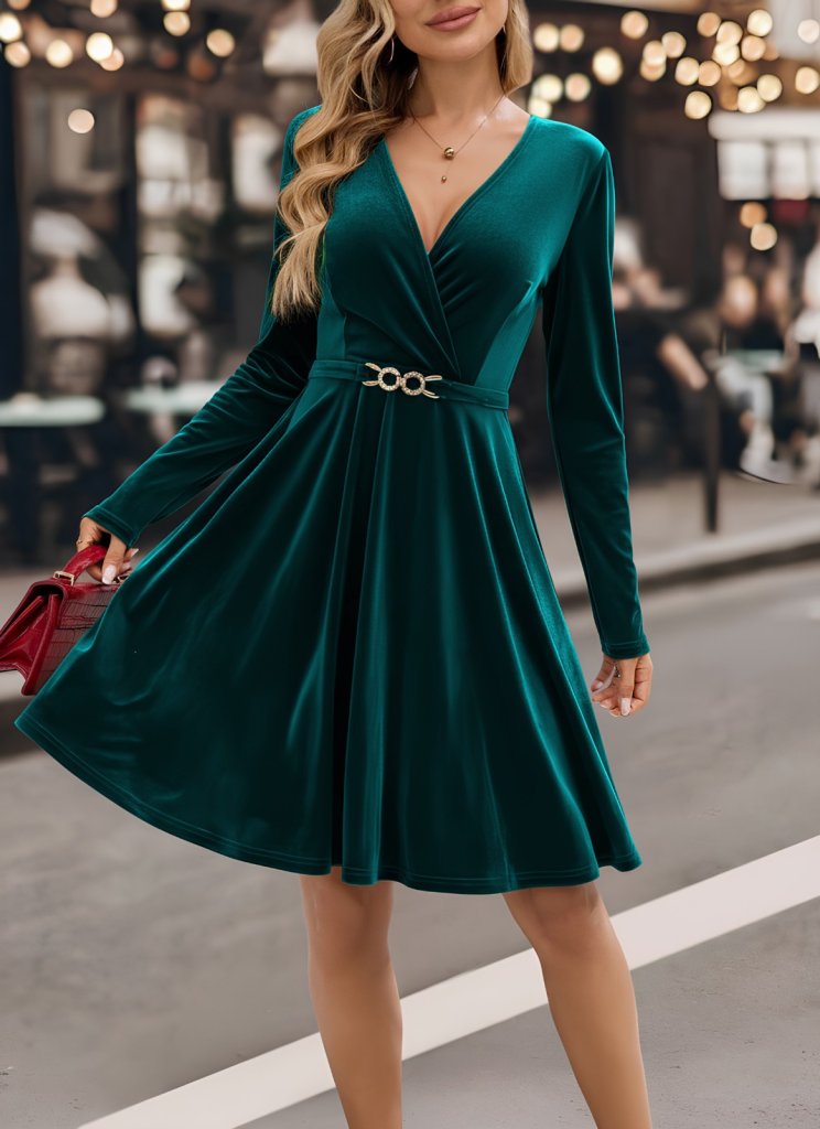 Women's Long Sleeve Wrap Collar Buckle Detail Mini Velvet Dress