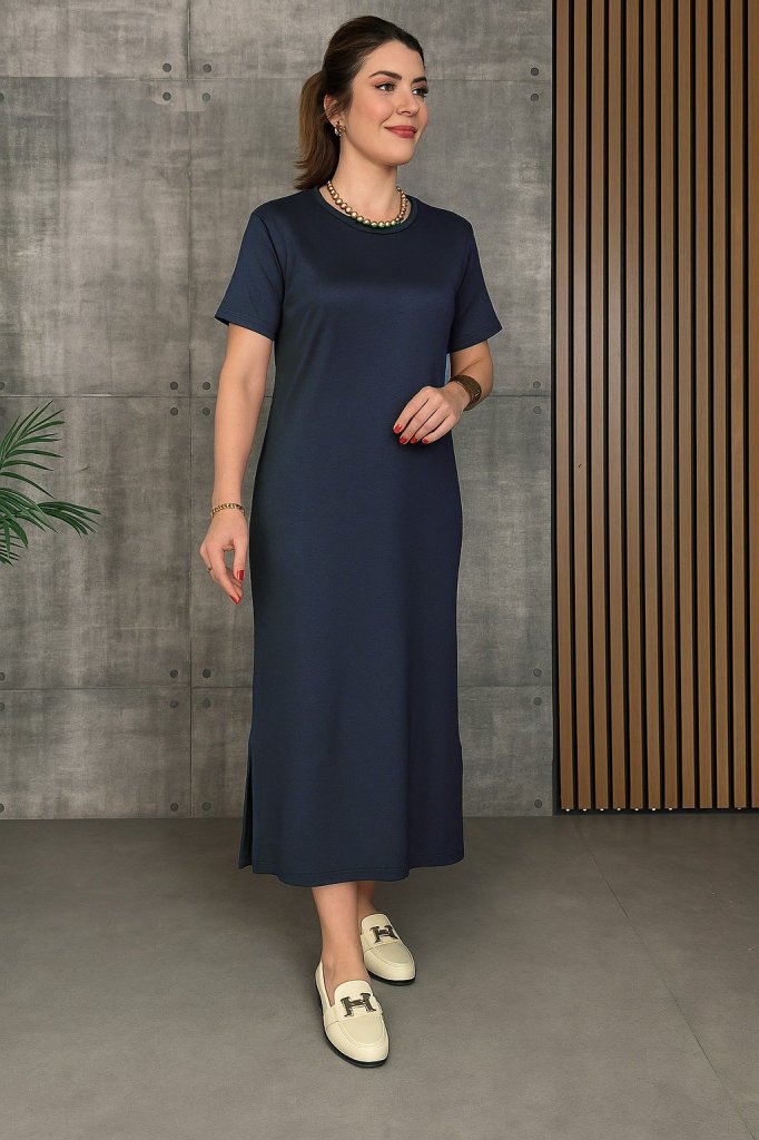 Women's Short Sleeve Crew Neck Slit Viscose Double-Ply Dress