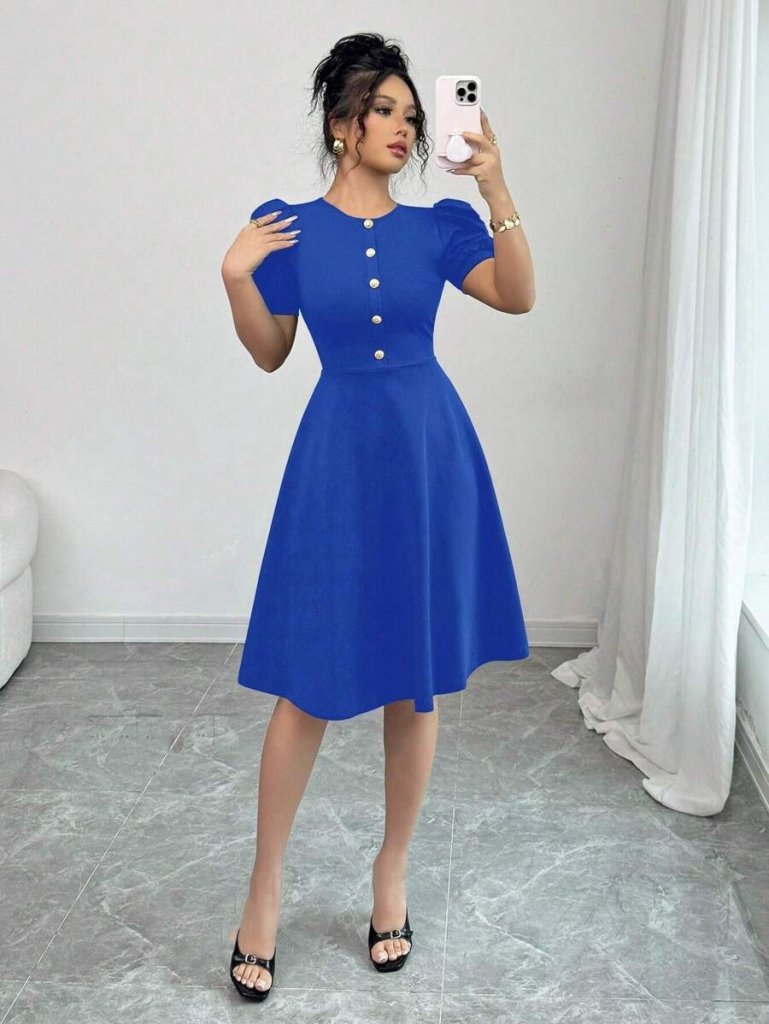 Women's Short Sleeve Crew Neck Button-Front Imported Crepe Dress