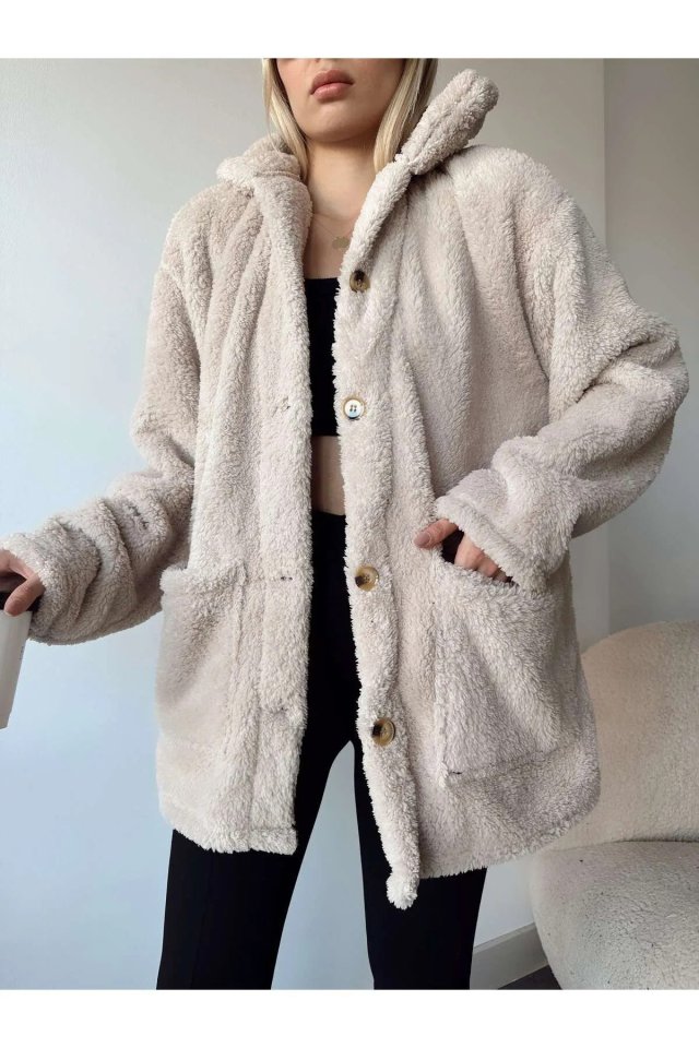 Women's Long Sleeve Pocket and Button Detail Wellsof Fabric Coat