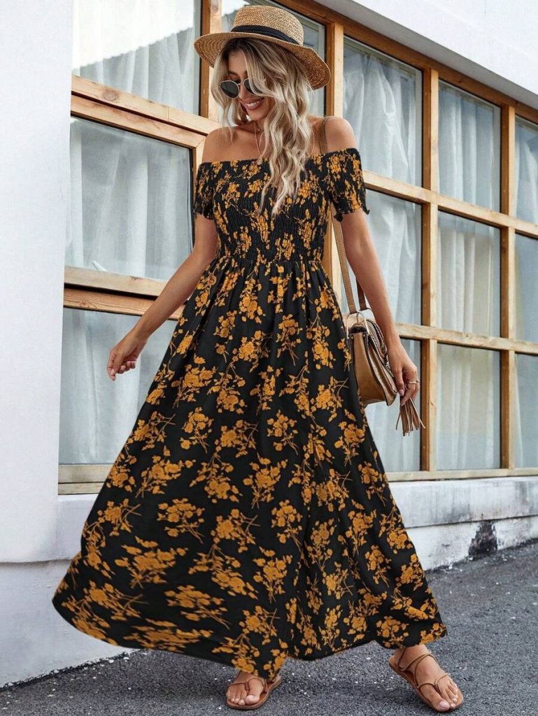 Women's Short Sleeve Madonna Neck Floral Slit Supima Dress