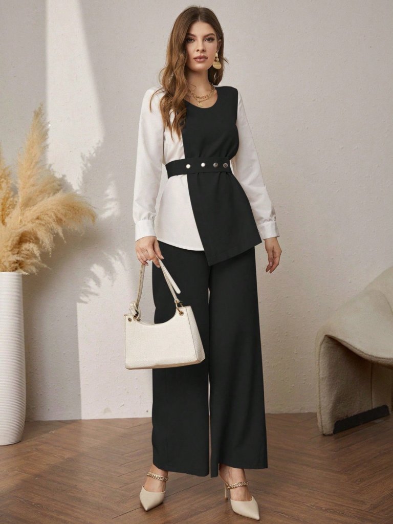 Women's Long Sleeve Open Collar Two-Tone Belted Imported Crepe Two-Piece Set