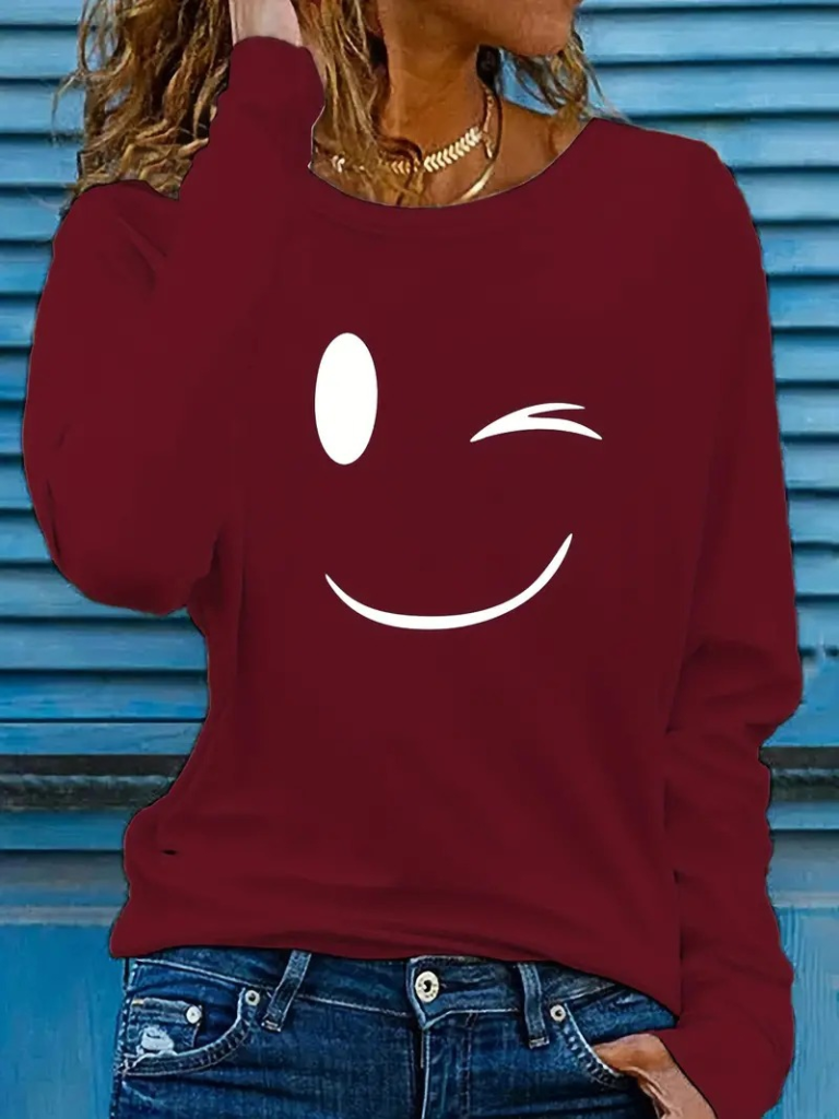 Women's Long Sleeve Crew Neck Smiley Face Pattern Viscose Blouse