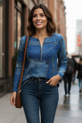 Women's Long Sleeve Stand-Up Collar Zippered Jean-Look Patterned Long Modal Blouse