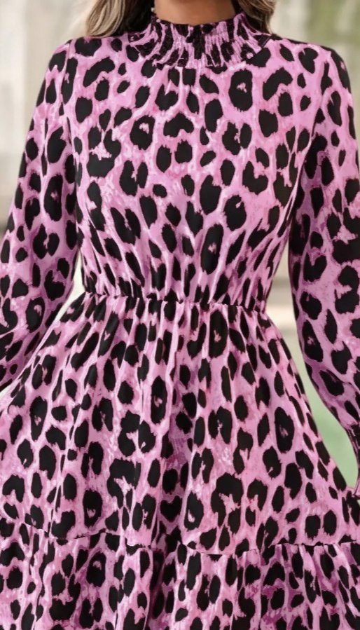 Kadın Uzun Kollu Yarı Balıkçı Yaka Leopar Desenli Modal Mini Elbise