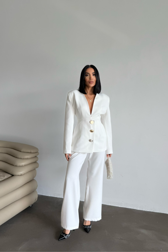 DESIGNER JACKET-TROUSER SET WITH METAL BUTTON DETAIL - White