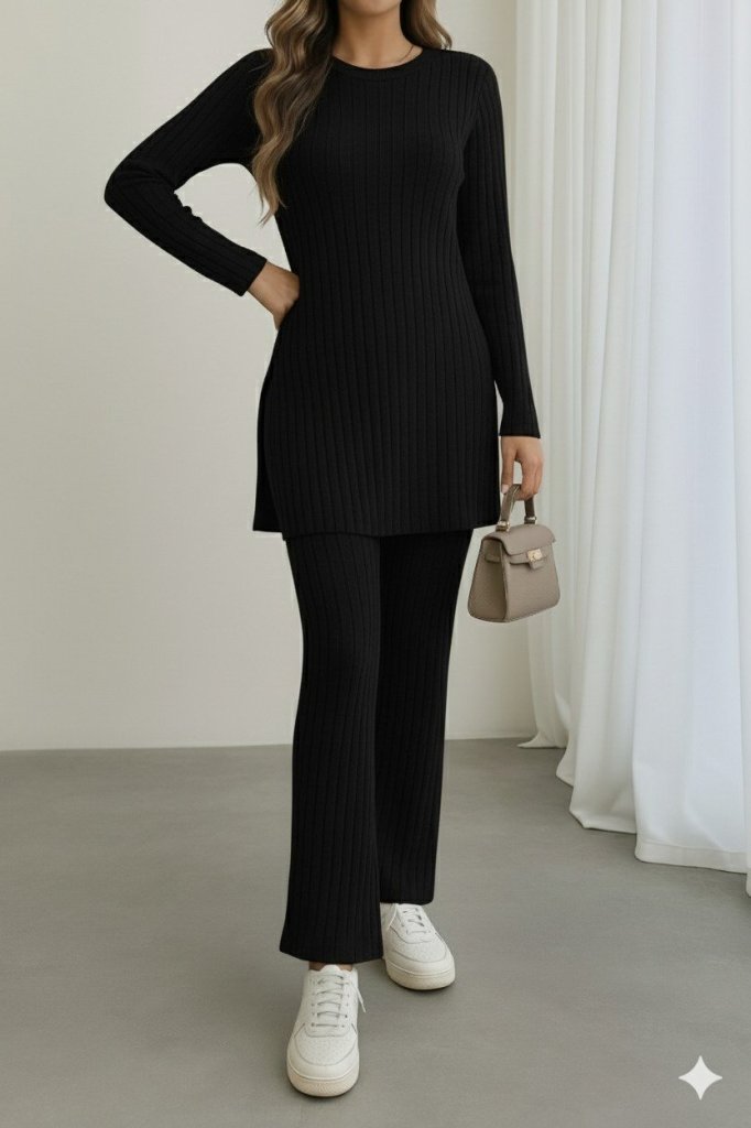 Women's Long Sleeve Round Neck Side Slit Brushed Knit Blouse and Pants Two-Piece Set