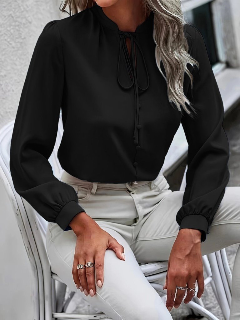 Women's Long Sleeve Collared Neck Tie Button-Up Sandy Blouse