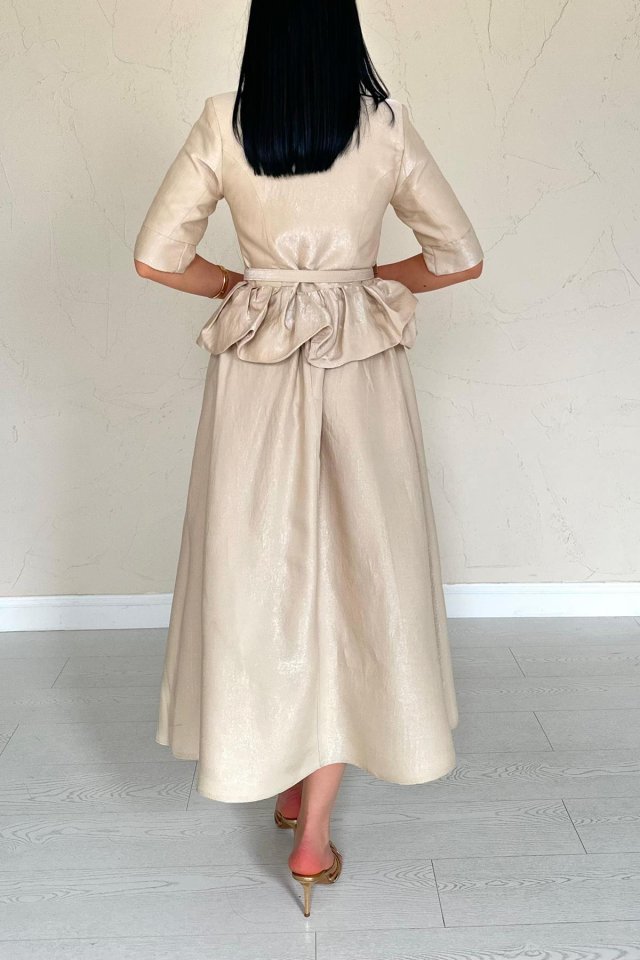 Beige Thin Belted Ruffled Jacket and Shirred Skirt Set