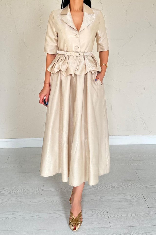 Beige Thin Belted Ruffled Jacket and Shirred Skirt Set