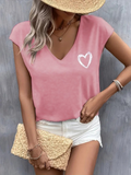 Women's Short Sleeve V-Neck Heart Print Viscose Blouse
