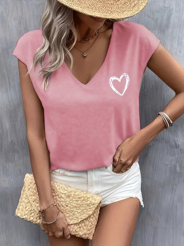 Women's Short Sleeve V-Neck Heart Print Viscose Blouse