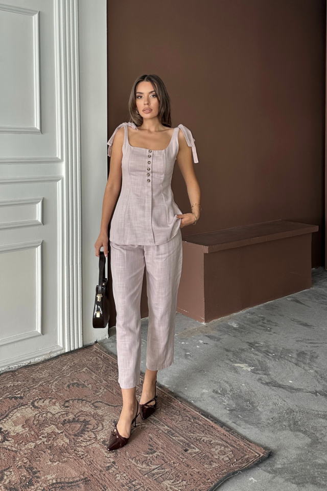 SHANTUNG LINEN VEST LOOK STRAPPY BLOUSE - TROUSER SET - Lilac