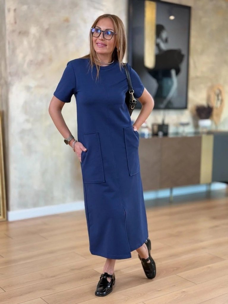 Women's Short-Sleeved Round Neck Pocketed Front Slit Viscose Two-Thread Midi Dress