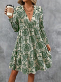 Women's Long-Sleeved V-Neck Ruffle Mini Jersey Dress