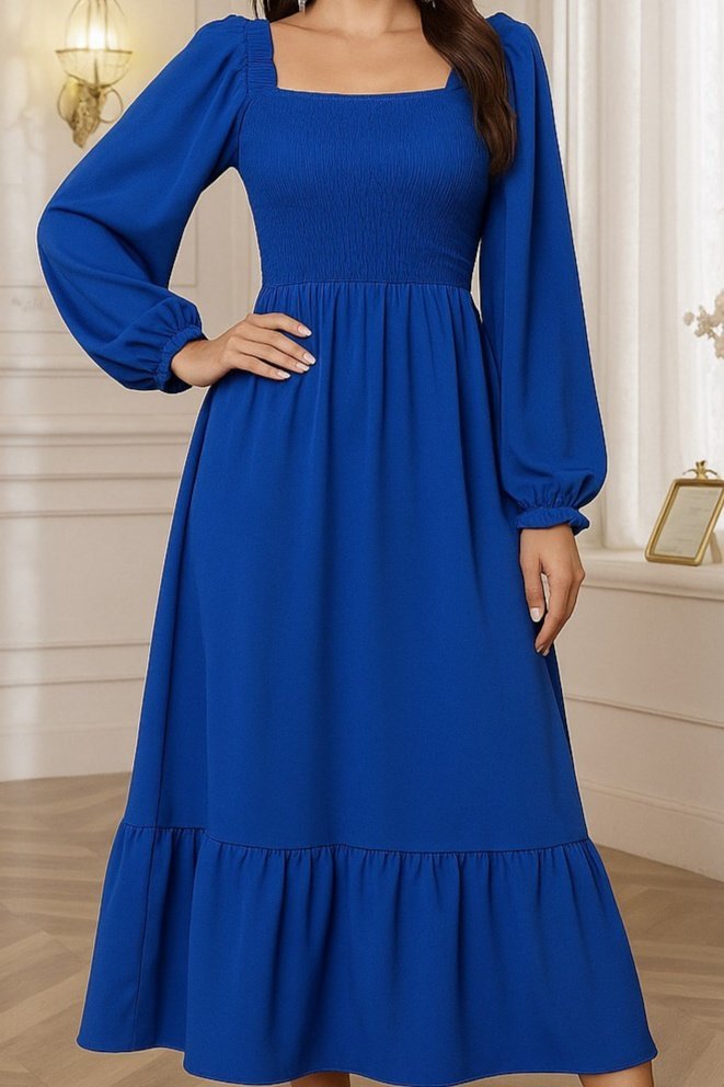 Women's Long Sleeve Square Neck Shirred Long Knit Dress