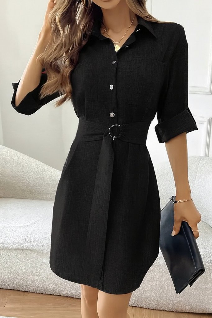 Women's Long Sleeve Collared Button-Front Belted Mini Imported Linen Dress