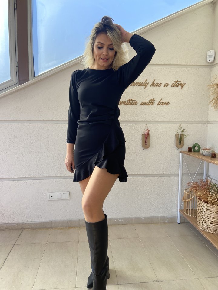 Women's Long-Sleeved Crew Neck Ruffled Front Imported Crepe Dress