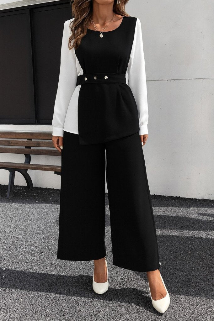 Women's Long Sleeve Open Collar Two-Tone Belted Imported Crepe Two-Piece Set