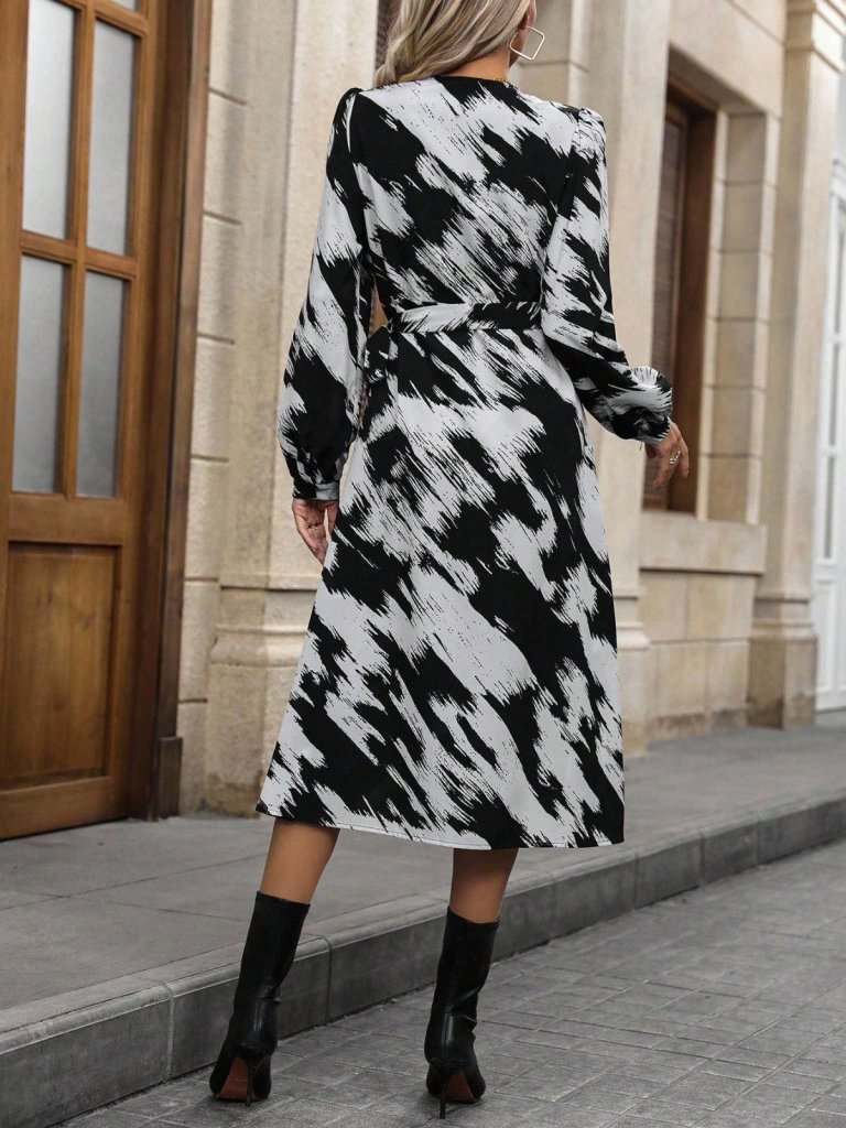 Women's Long Sleeve Wrap V-Neck Side Tie Patterned Mini Modal Dress