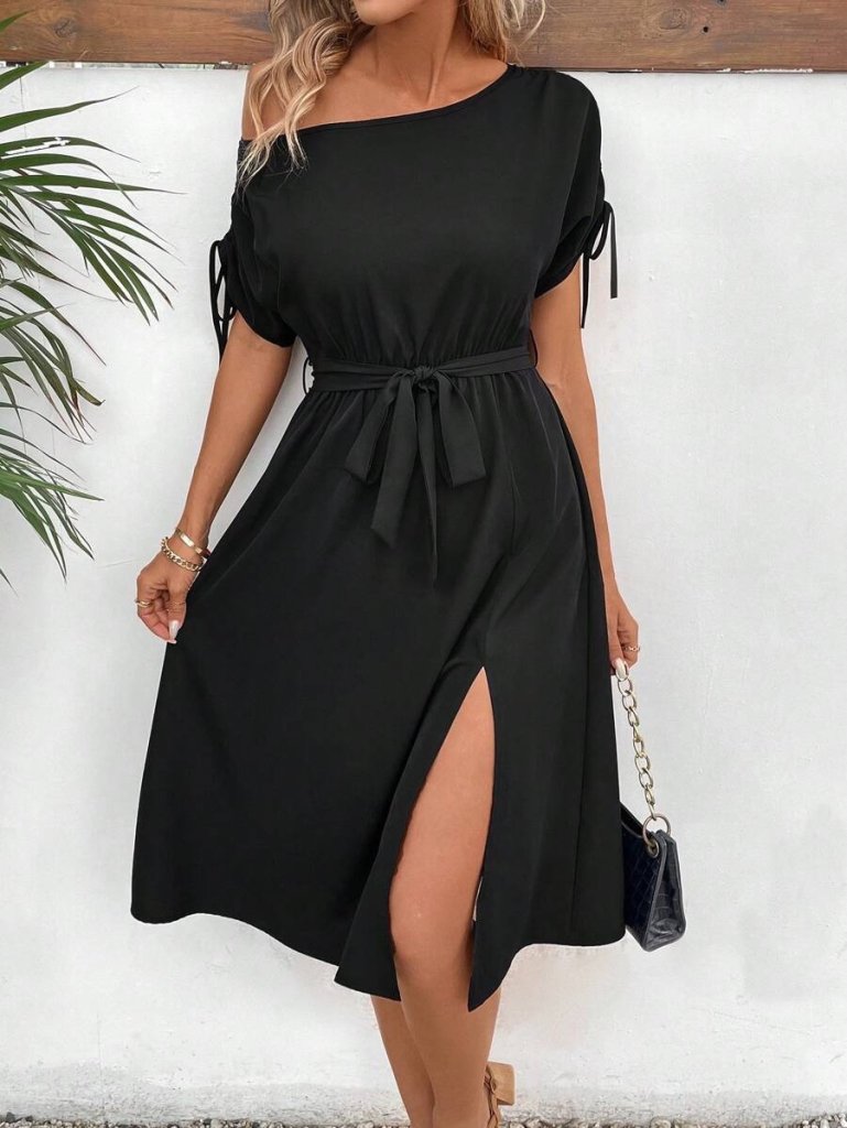 Women's One-Shoulder Viscose Dress with Bow Detail on Sleeve Hem, Belted Waist, and Slit Detail