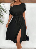 Women's One-Shoulder Viscose Dress with Bow Detail on Sleeve Hem, Belted Waist, and Slit Detail