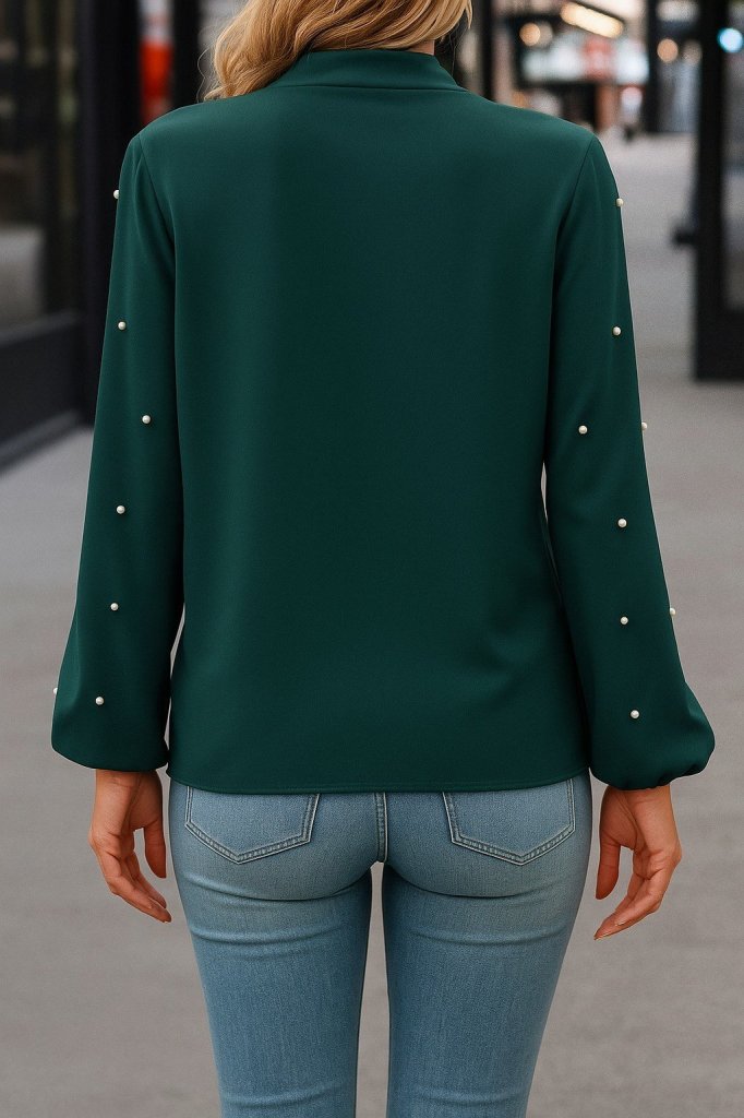 Women's Long Sleeve Bow Neck Pearl Detail Imported Crepe Blouse