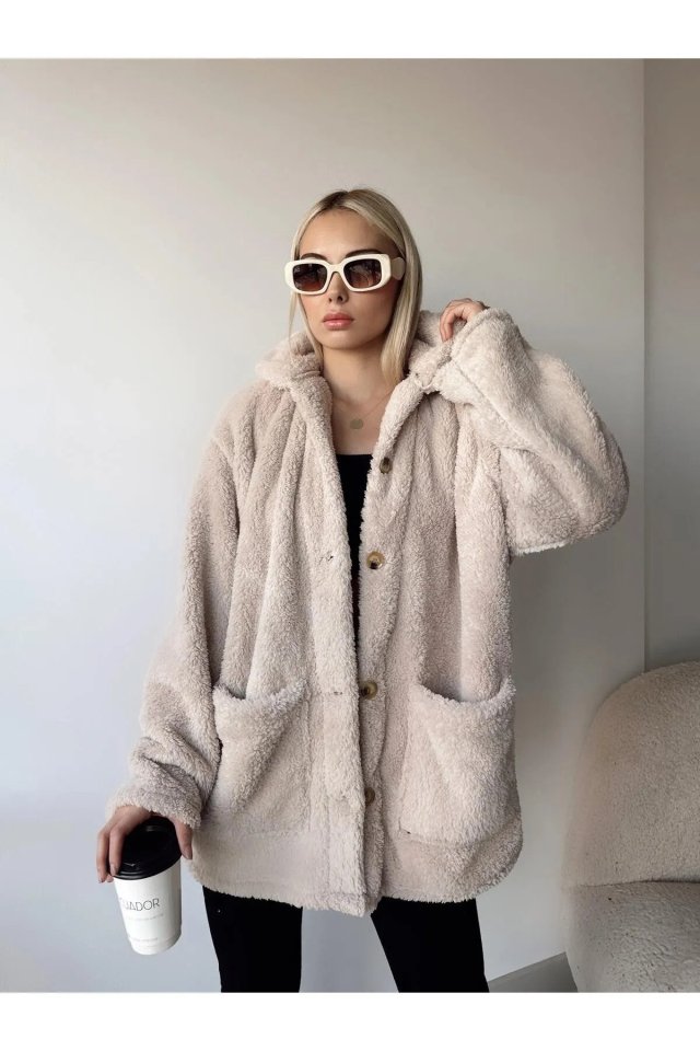 Women's Long Sleeve Pocket and Button Detail Wellsof Fabric Coat