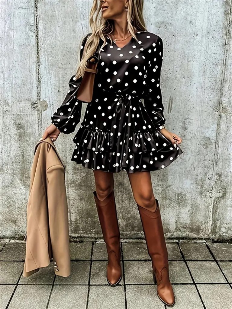 Women's Long Sleeve V-Neck Belted Polka Dot Mini Modal Dress