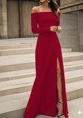 Women's Long-Sleeved Madonna Neck Slit Detail Long Imported Crepe Dress