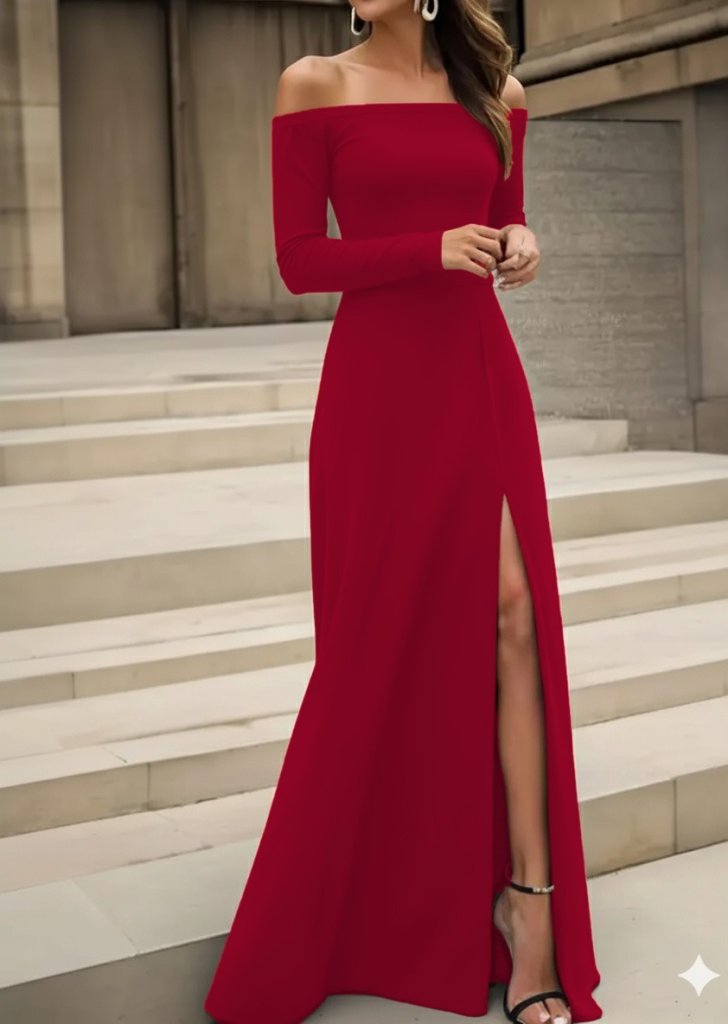 Women's Long-Sleeved Madonna Neck Slit Detail Long Imported Crepe Dress