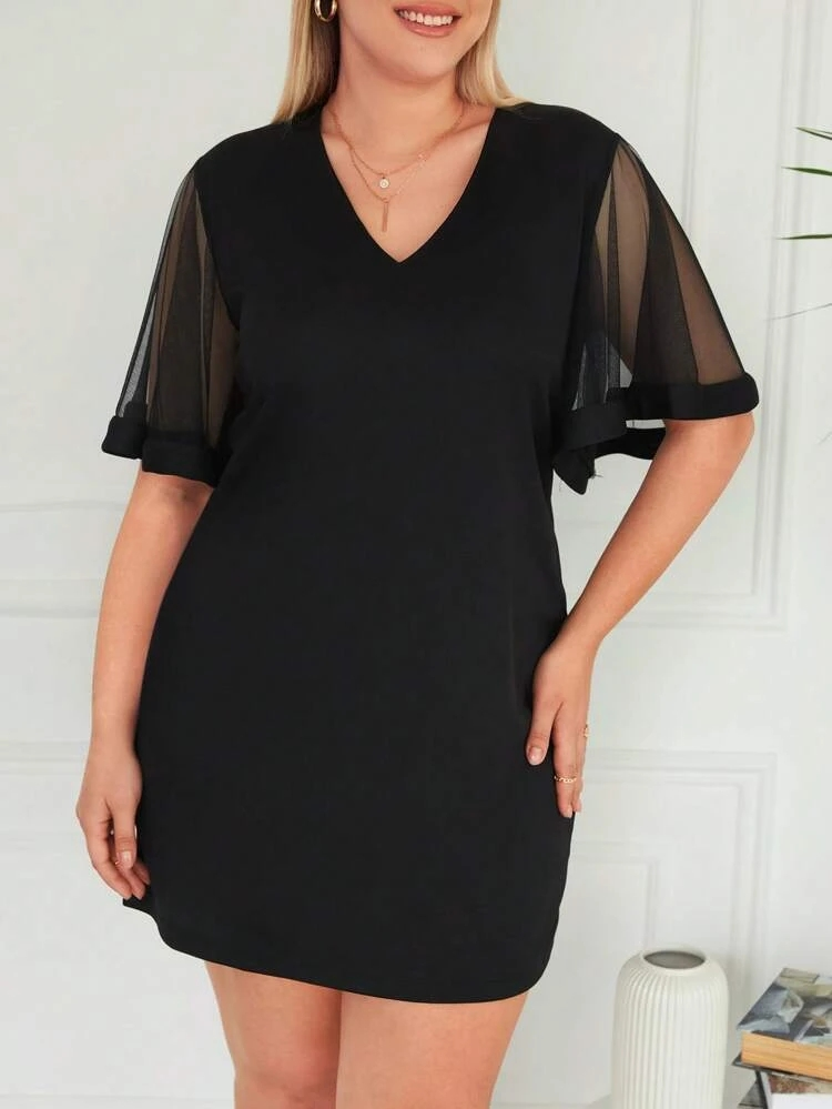 Kadın Tüllü Kısa Kollu V Yaka Krep Elbise