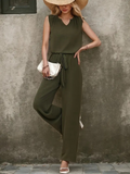 Women's Sleeveless V-Neck Aerobin Blouse and Belted Trousers Two-Piece Set
