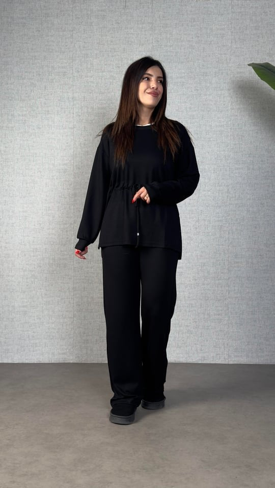 Women's Long Sleeve Collared Tunic and Pants Two-Piece Set with Gathered Detail