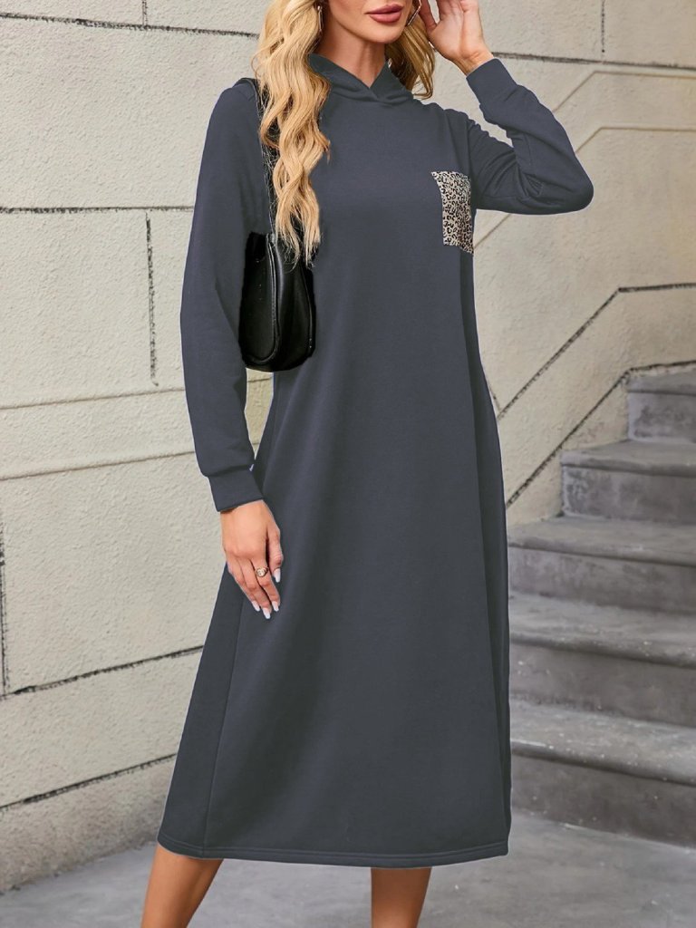 Women's Long Sleeve Hooded Pocket Detailed Viscose Double Yarn Maxi Dress