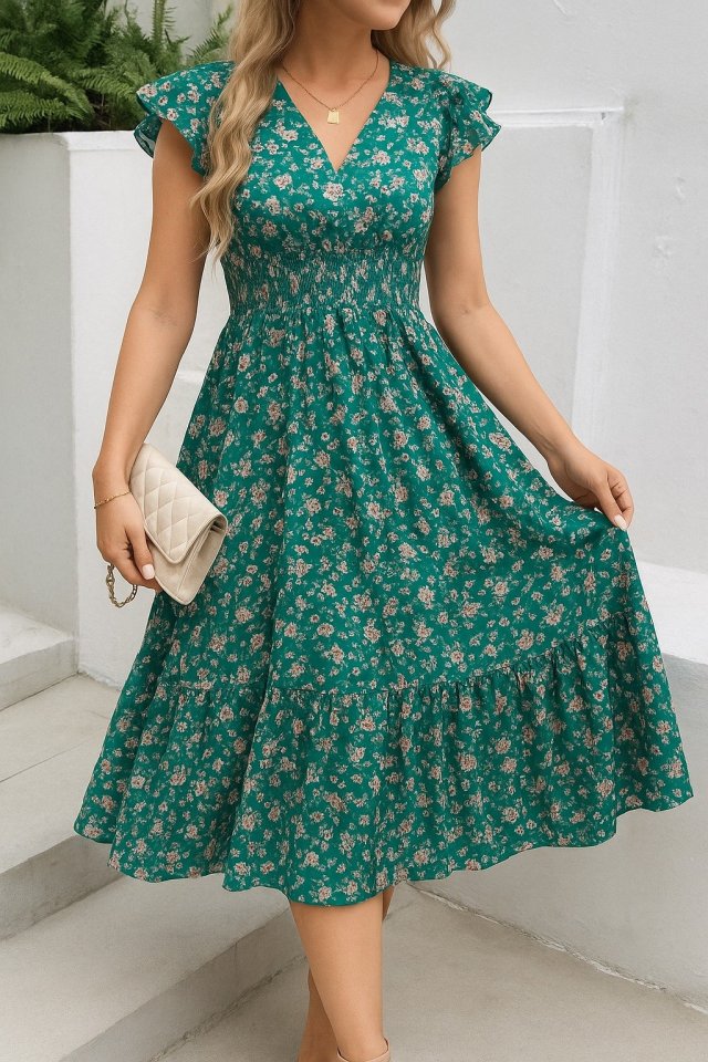 Women's Short Sleeve Wrap V-neck Elastic Waist Floral Dress