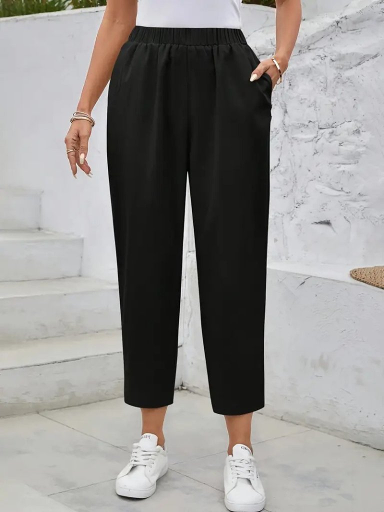 Women's High Waisted Wide Leg Imported Crepe Trousers with Side Pockets and Button Detail