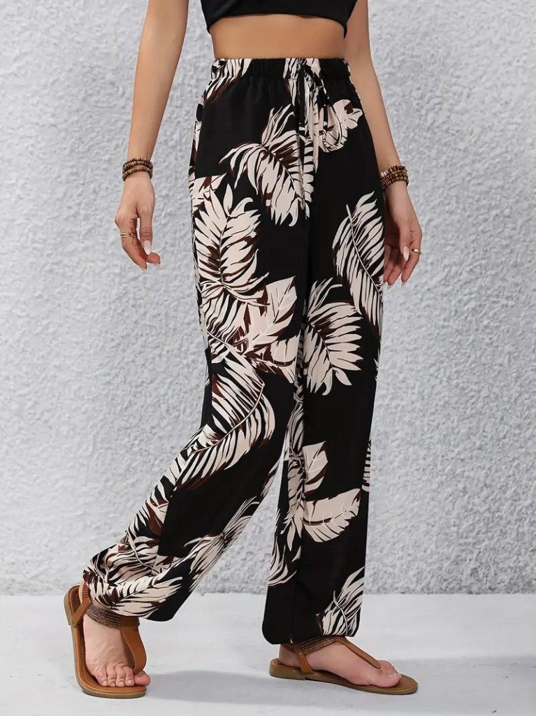 Women's High Waist Lace-Up Leaf Pattern Supima Pants
