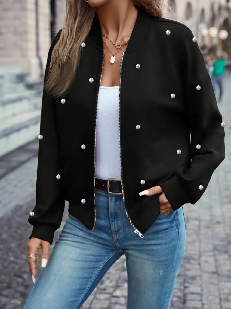 Women's Long Sleeve Front Zip Pearly Short Modal Jacket