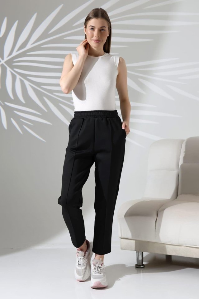 Women's Long Sleeve Scuba Fabric Pocket Detail Elastic Waist Non-Iron Trousers
