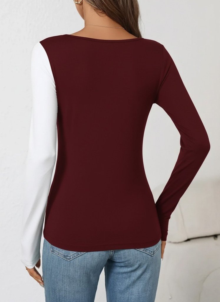 Women's Long Sleeve Geometric Neckline Detail Dual Color Viscose Blouse