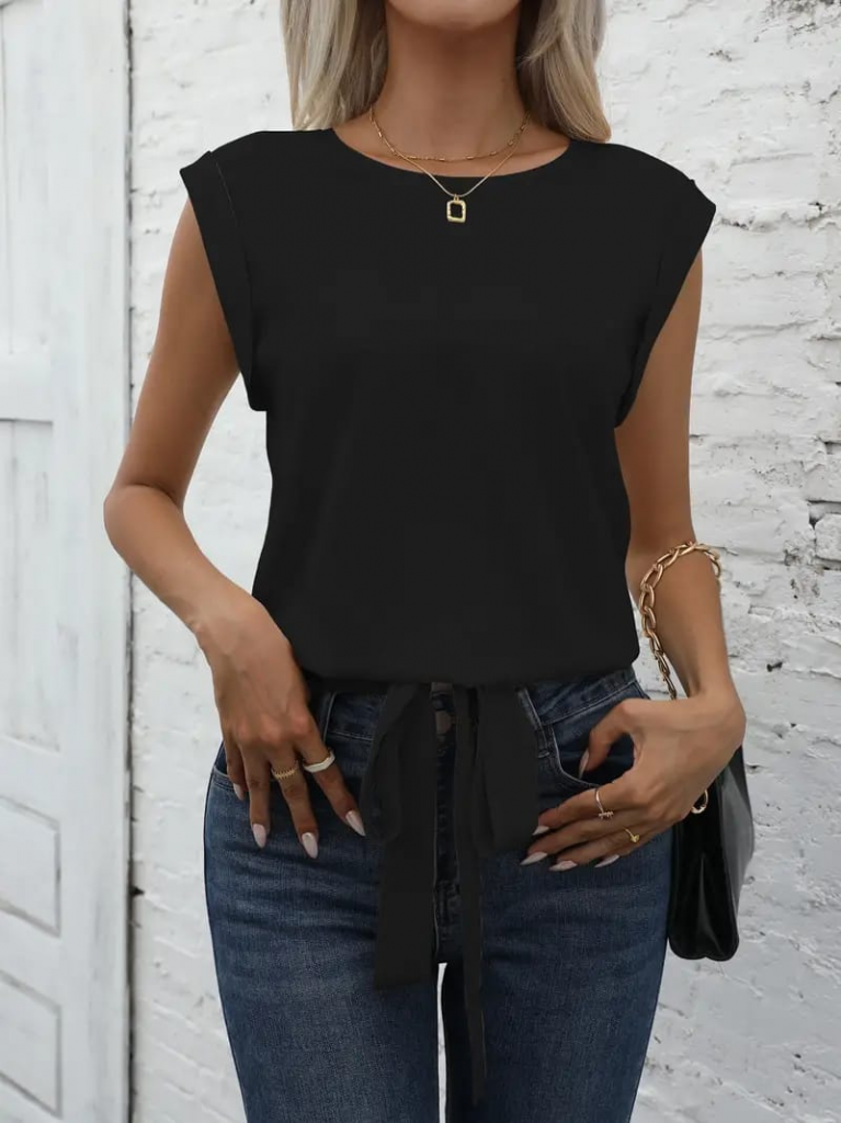 Women's Short Sleeve Hem Tie Detail Sleeveless Imported Crepe Blouse
