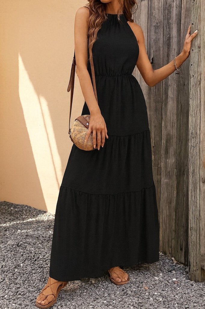 Women's Sleeveless Halter Neck Elastic Waist Patterned Micro Dress