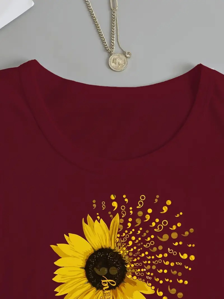 Women's Long-Sleeved Crew Neck Sunflower Pattern Viscose Blouse