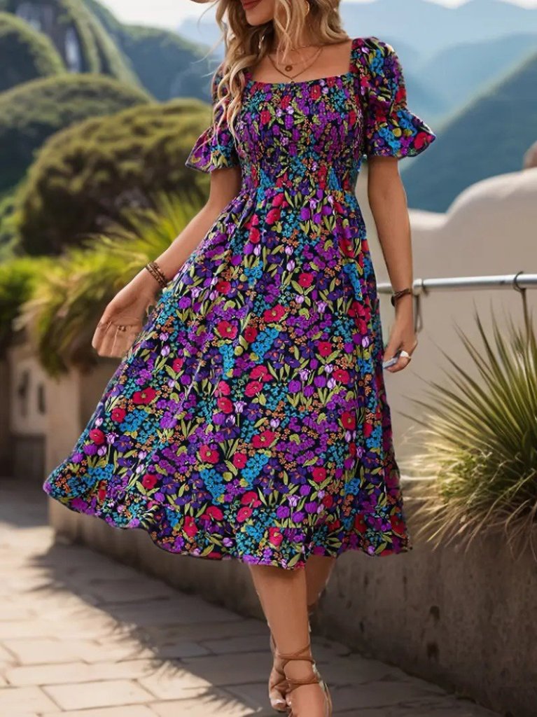 Women's Short Sleeve Square Neck Elastic Waist Floral Print Mini Supima Dress