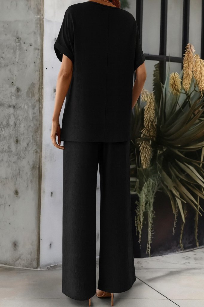 Women's Short Sleeve Open Collar Aerobin Blouse and Pants Two-Piece Set