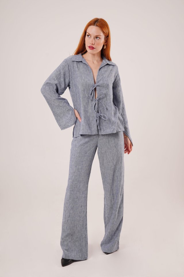 Pre-tied Detailed Trousers and Shirt Indigo Two-Piece Set