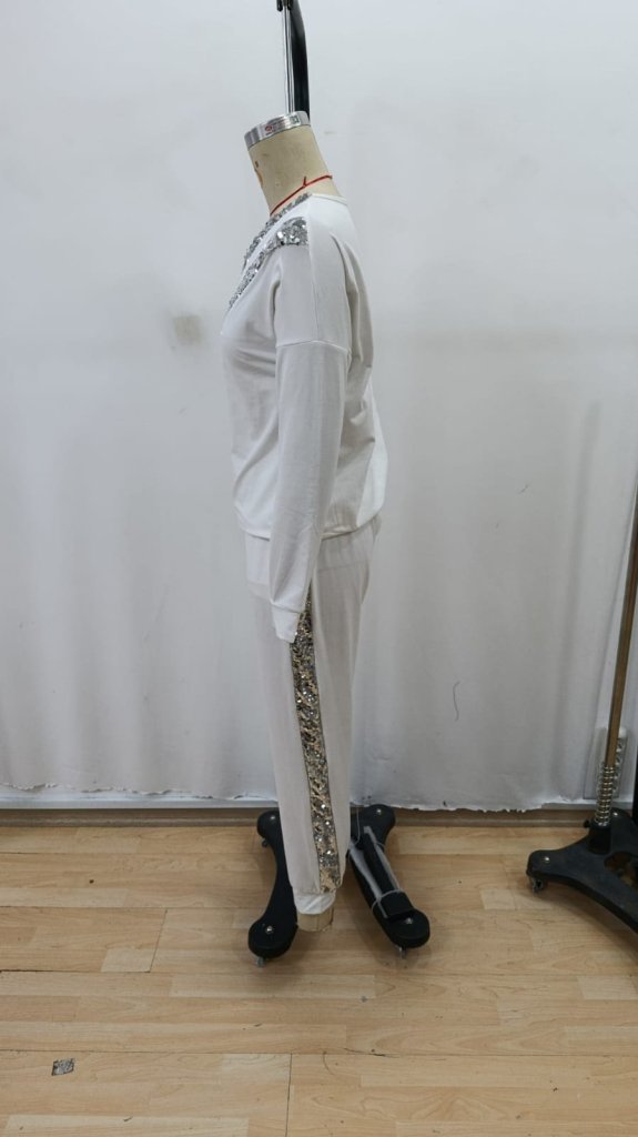 Women's Long Sleeve V-Neck Sequin Viscose Double-Ply Blouse and Pants