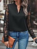 Women's Long Sleeve Collared Button Detail Guipure Lace Sleeve Crepe Blouse