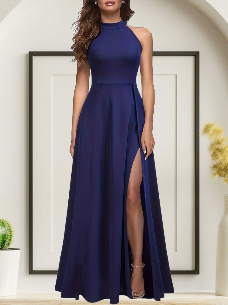 Women's Halter Neck Deep Slit Full Length Shimmer Crepe Evening Dress